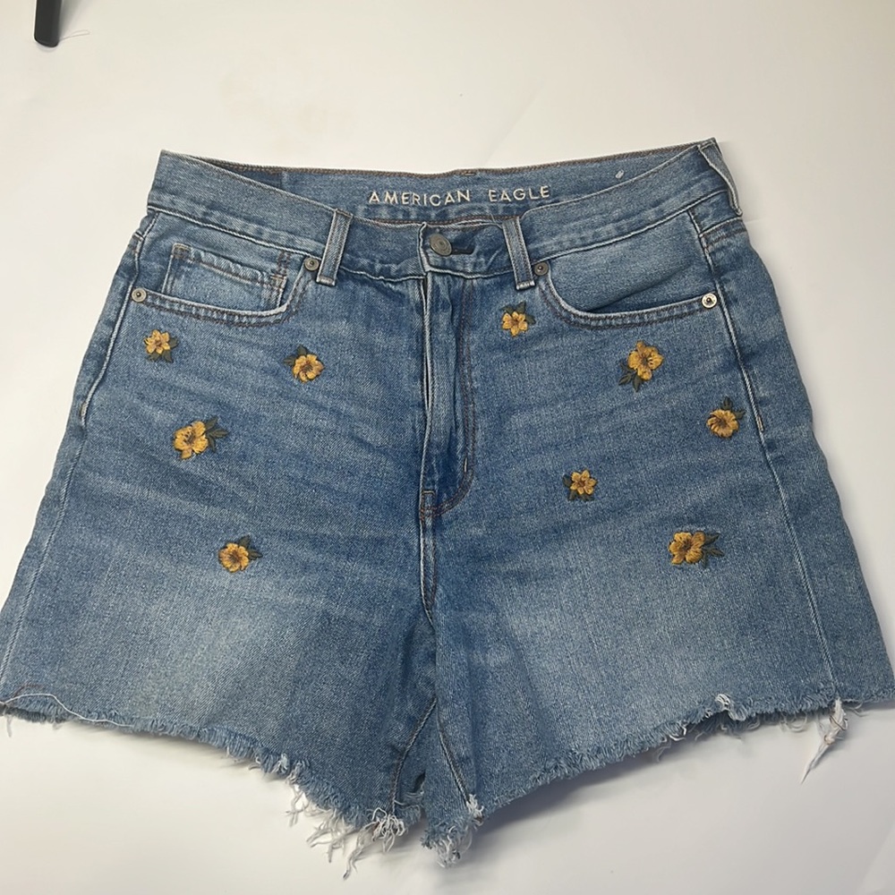 American Eagle Jean Shorts Embroidered Yellow Flowers High Waisted Denim Raw Hem